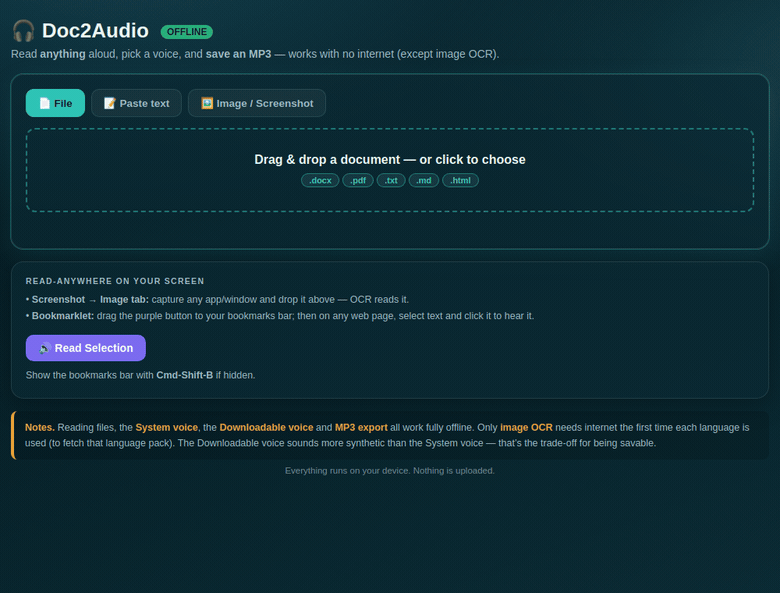 Doc2Audio demo — paste text, codes get stripped, generate audio