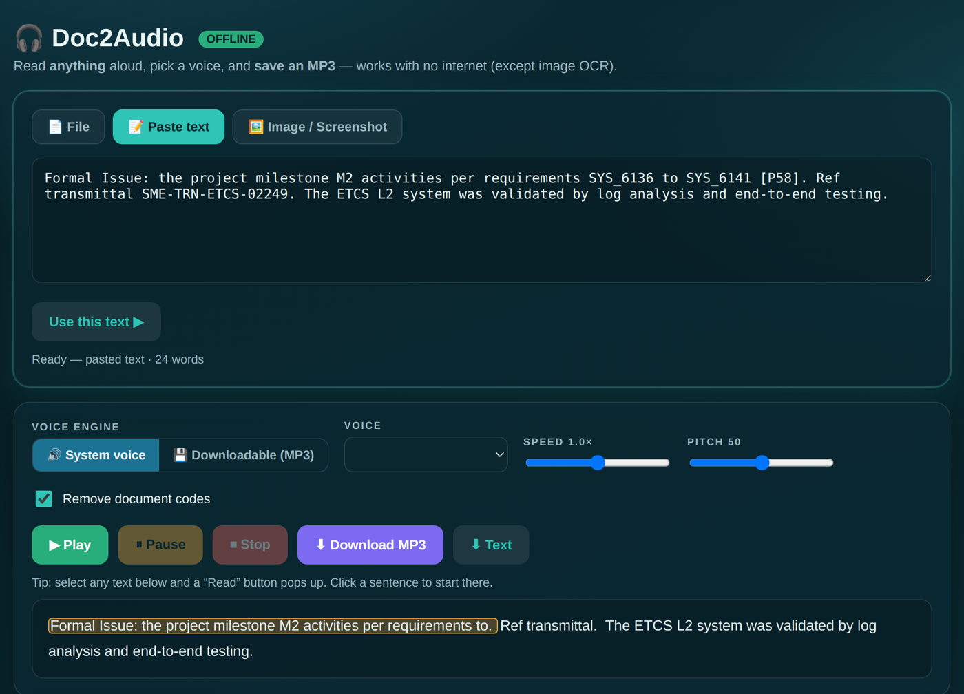 Doc2Audio on desktop